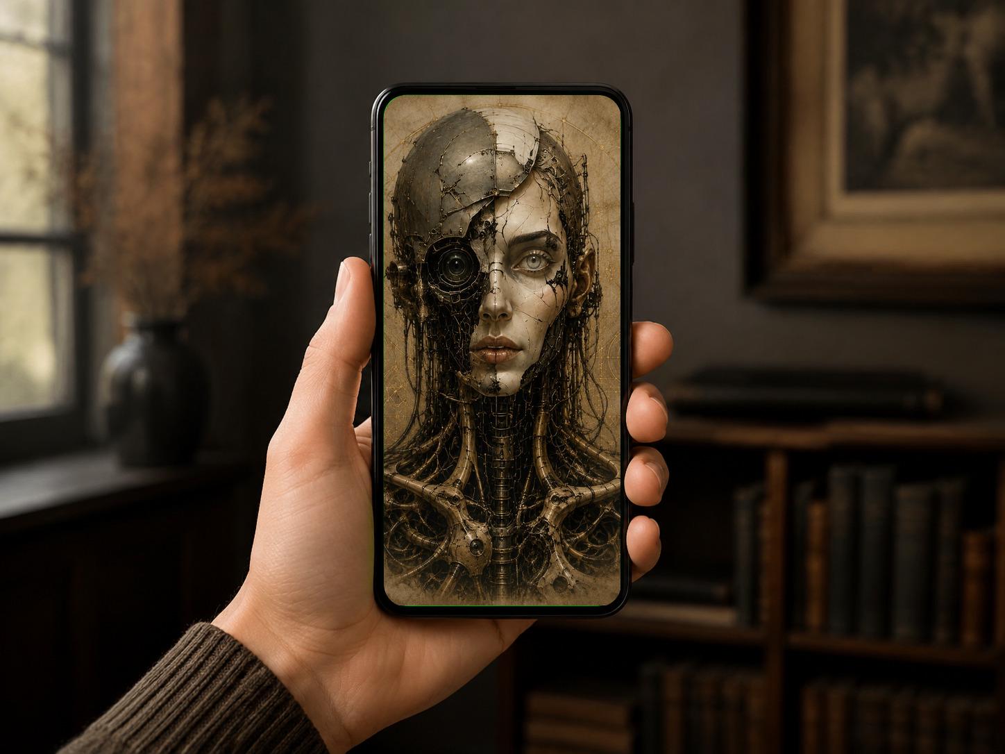 Cyborg Woman Face: Biomechanical Dark Academia | Surreal Portrait | Lock Screen Wallpaper | Sci-Fi Digital Art
