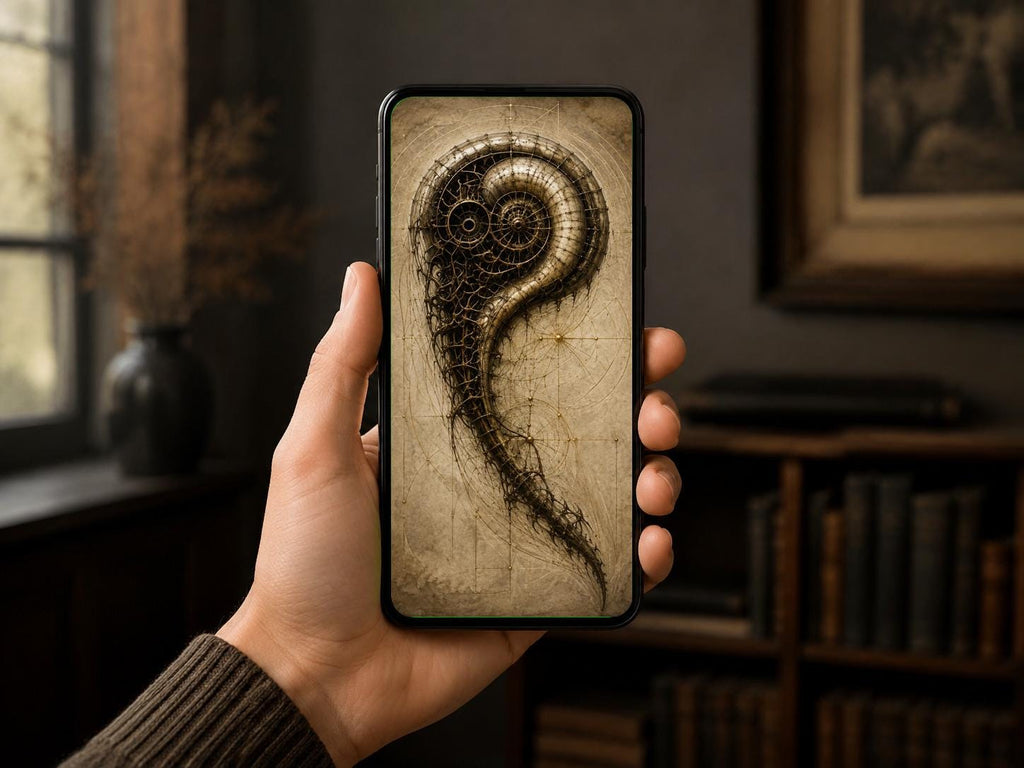 Spiral Shell II - Biomechanical Lock Screen | Dark Academia Gothic Sci-Fi Wallpaper | Surreal Anatomy Art