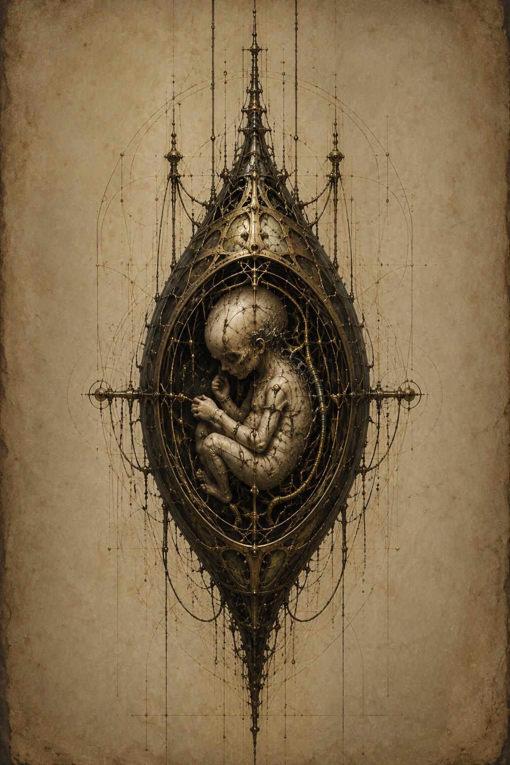 Baby in Utero II, Biomechanical Specimen | Dark Academia Lock Screen | Brass Bone Machinery | Surreal Phone Wallpaper Download