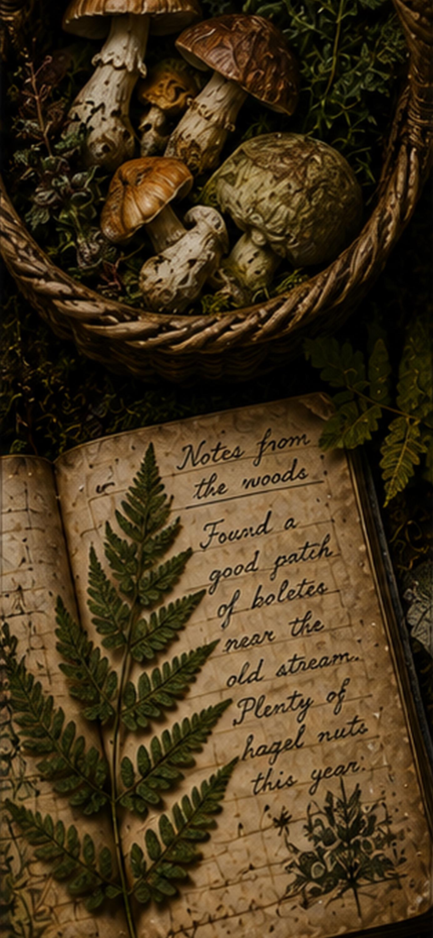 The Forager, Goblincore Mushroom Lock Screen | Woodland Cottagecore Digital Wallpaper | Dark Forest Art, iPhone & Android
