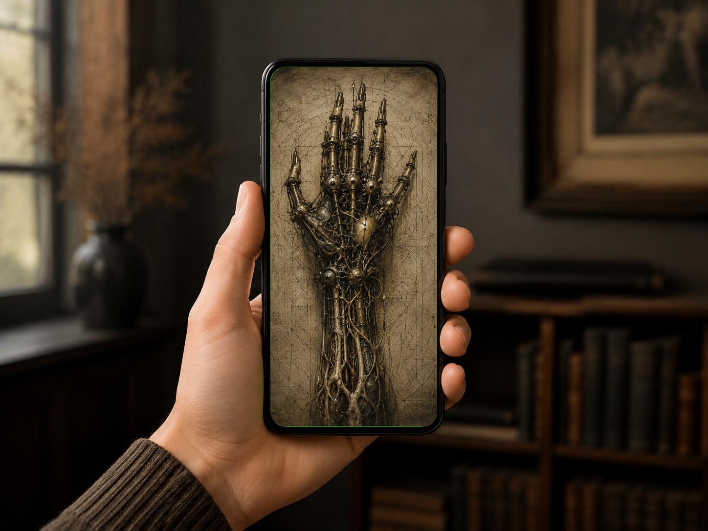 Skeletal Hand II Lock Screen | Biomechanical Dark Academia Wallpaper, Steampunk Anatomy, Brass Bone Machinery, Instant Digital Download