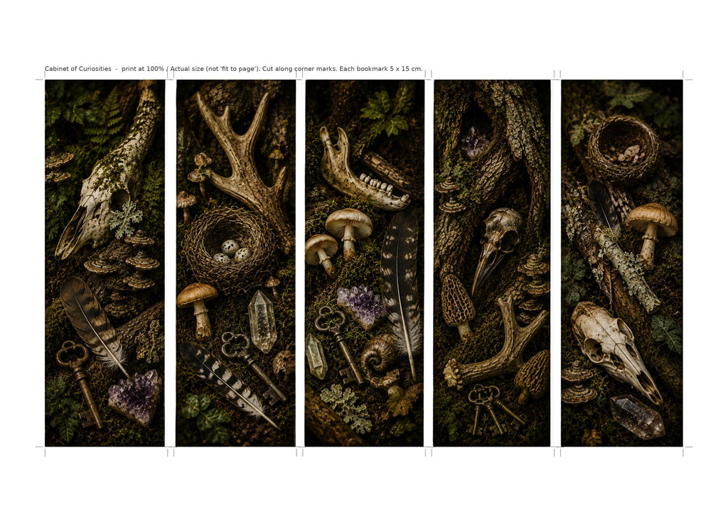 Goblincore Bookmarks Printable Set | Cabinet of Curiosities, Bones, Mushrooms (Digital Download)