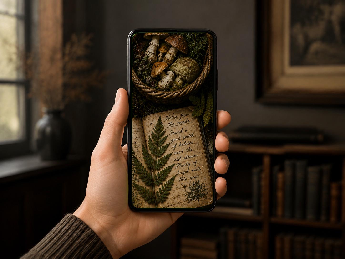 The Forager, Goblincore Mushroom Lock Screen | Woodland Cottagecore Digital Wallpaper | Dark Forest Art, iPhone & Android