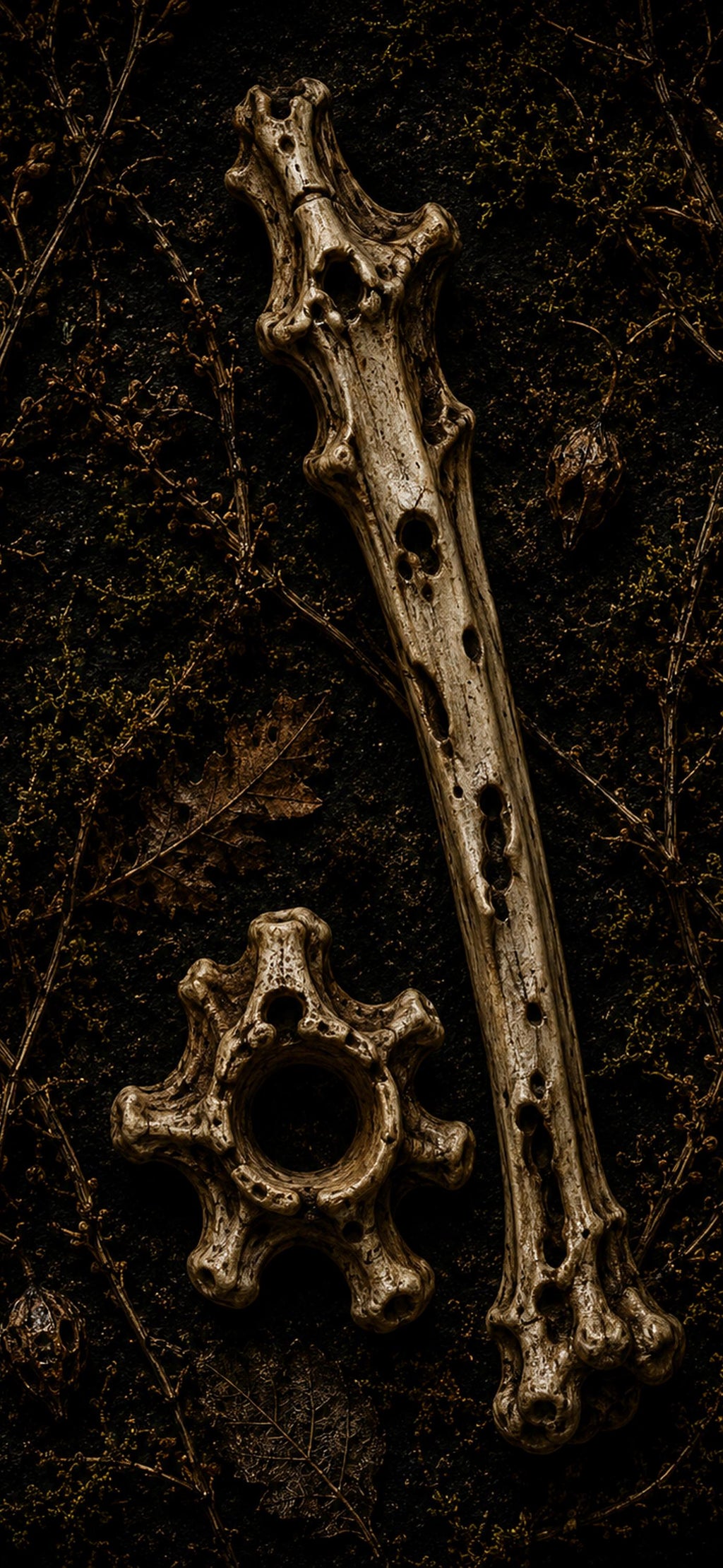 The Bone Garden Phone Wallpaper, Dark Goblincore Lock Screen | Moss And Bones Digital Art | iPhone And Android Set
