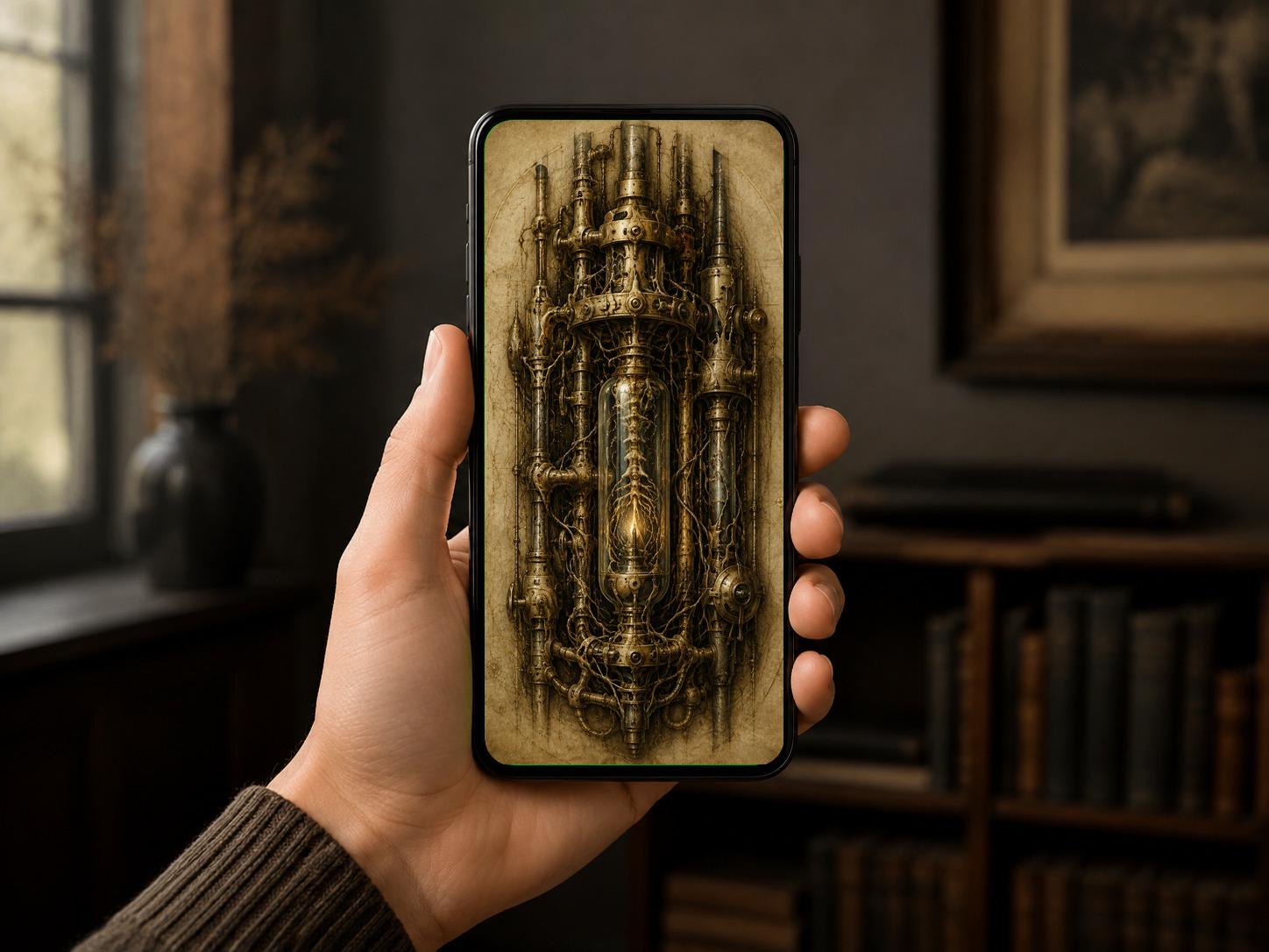 Electrical Mechanism, Biomechanical Phone Wallpaper | Dark Academia | Gothic Surreal Lock Screen | Brass Bone Digital Art