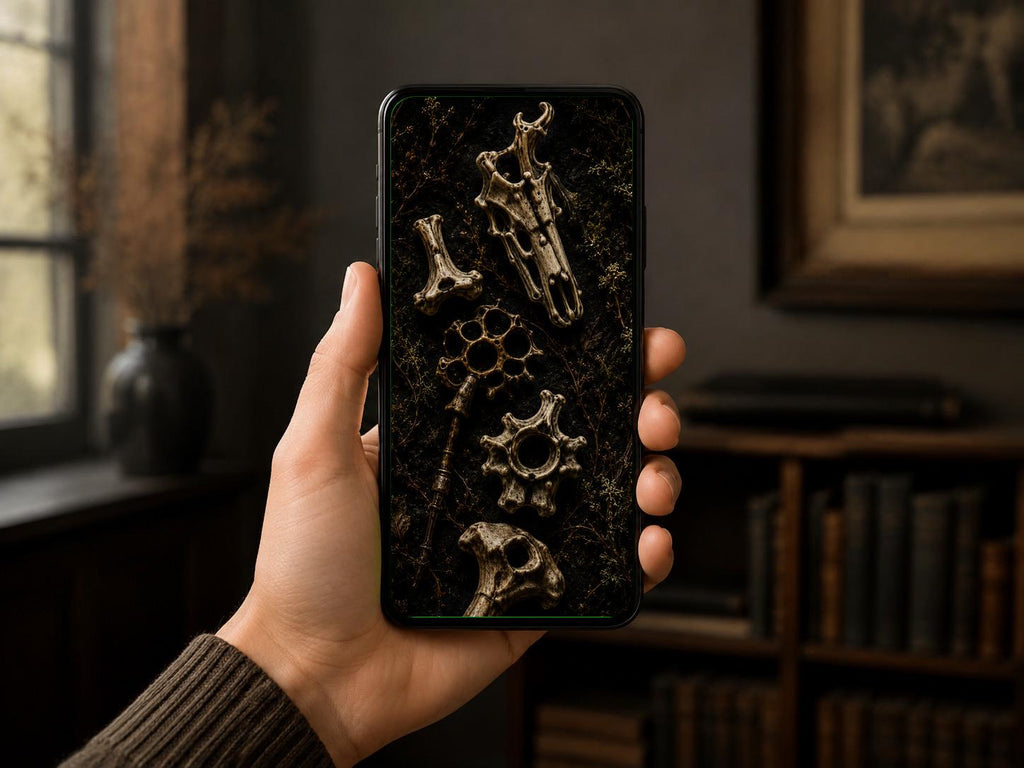 The Bone Garden Phone Wallpaper, Dark Goblincore Lock Screen | Moss And Bones Digital Art | iPhone And Android Set