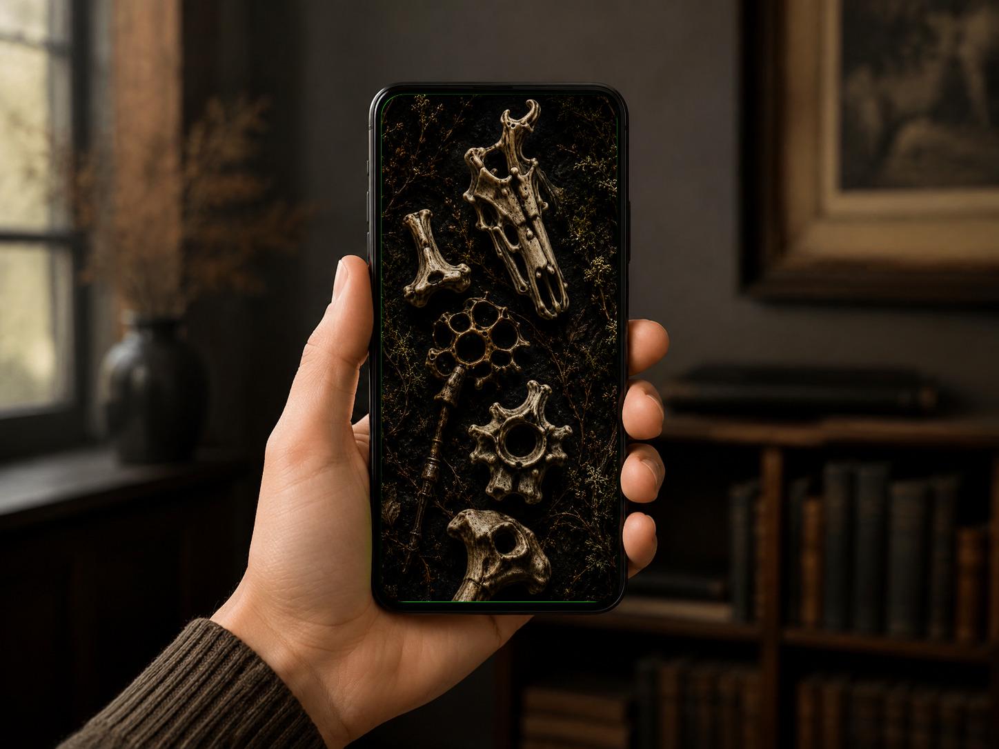 The Bone Garden Phone Wallpaper, Dark Goblincore Lock Screen | Moss And Bones Digital Art | iPhone And Android Set