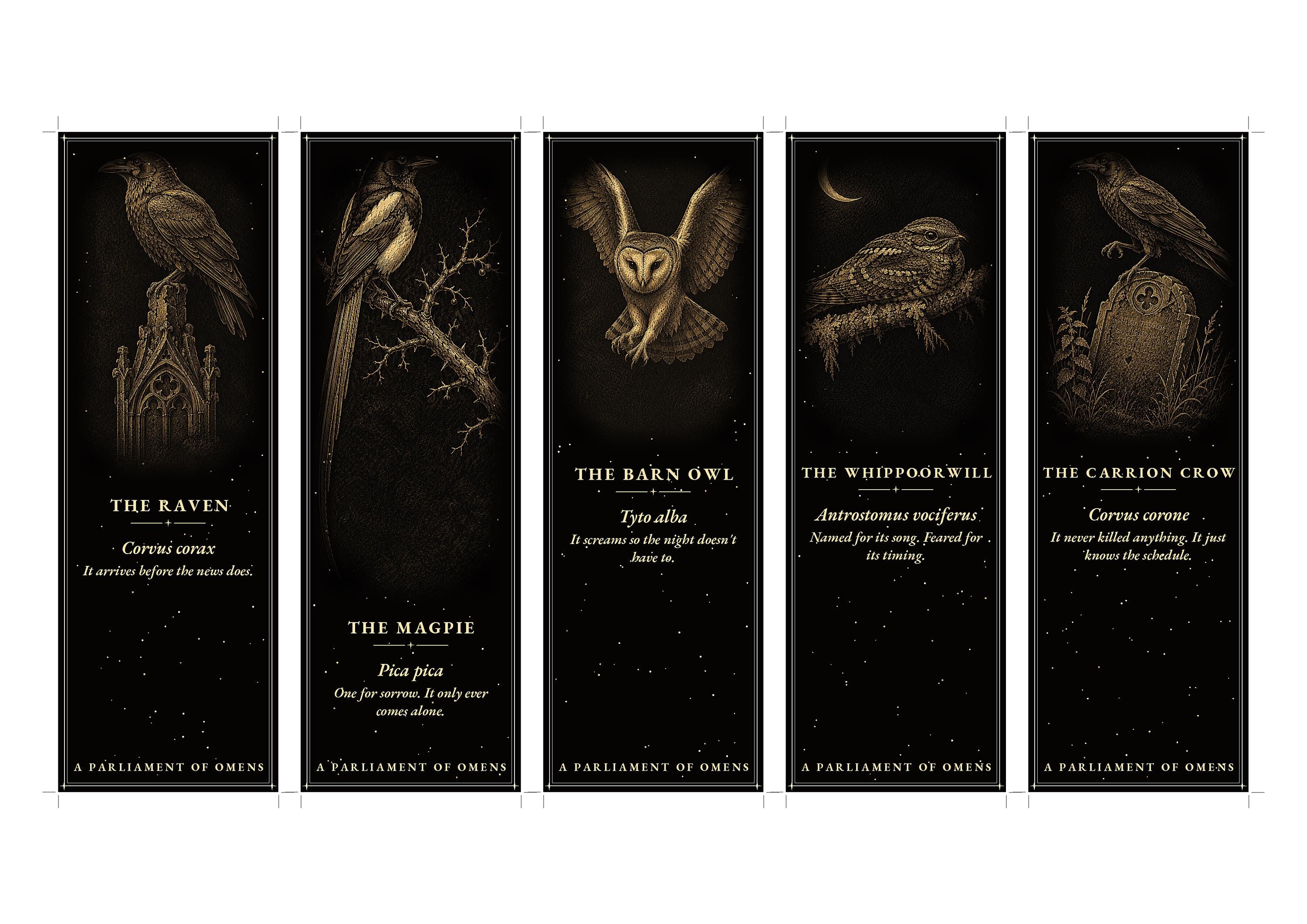A Parliament of Omens Printable Bookmarks | Dark Academia Gothic Bookmark Set | Raven Crow Owl Digital Download