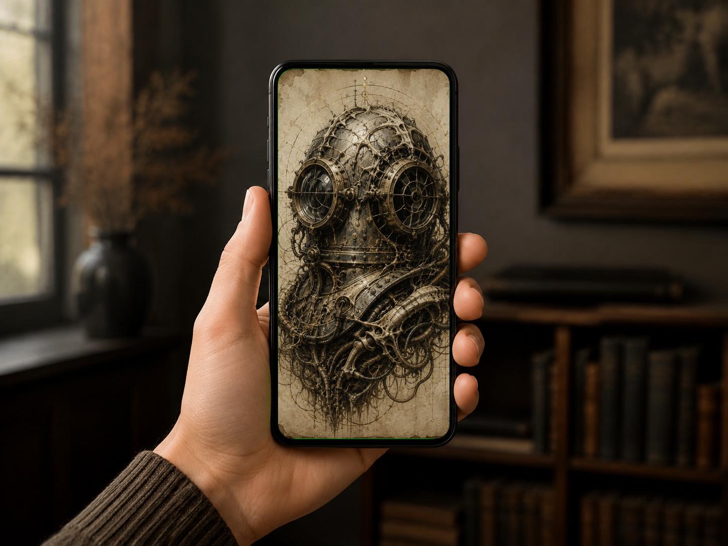 Divers Helmet, Biomechanical Surreal Art | Dark Academia | Gothic Phone Wallpaper | Instant Download