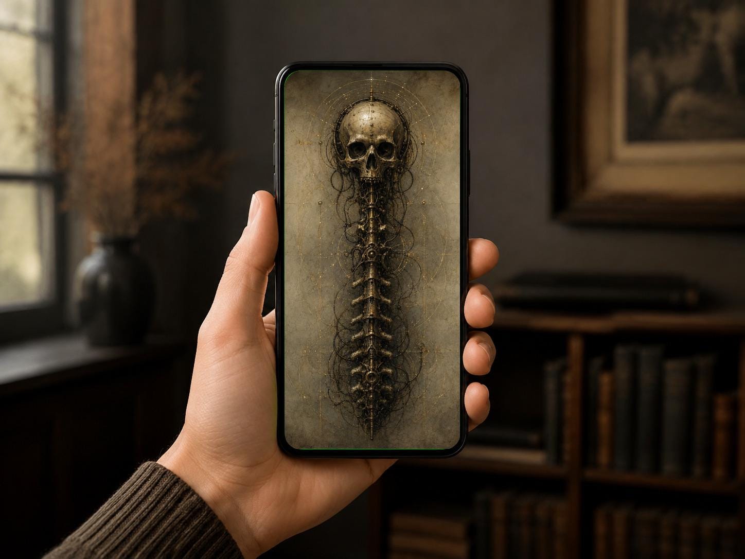 Skull and Spine Biomechanical Wallpaper | Dark Academia Lock Screen | Gothic Surreal Art | Brass Bone Aesthetic | Anatomy Engine