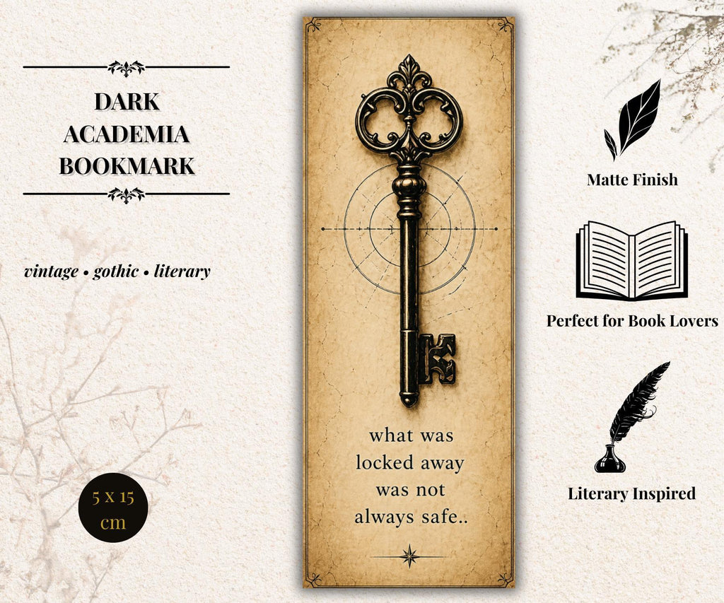 Dark Academia Bookmark, Gothic Raven Design | Vintage Literary Stationery | Ornate Key, Moth - Book Lover Gift