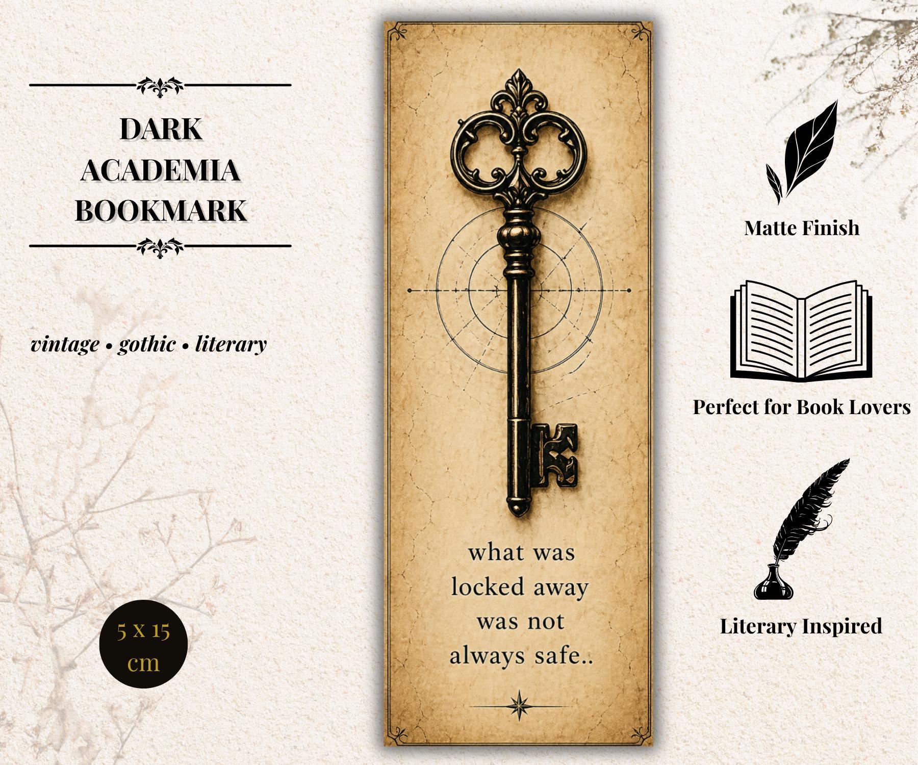 Dark Academia Bookmark, Gothic Raven Design | Vintage Literary Stationery | Ornate Key, Moth - Book Lover Gift