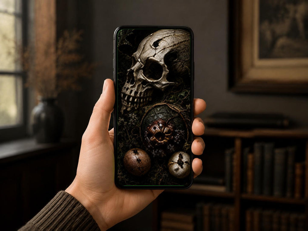 Dark Goblincore Skull Mushroom Lock Screen | Moody Forest Phone Wallpaper (Digital Download)