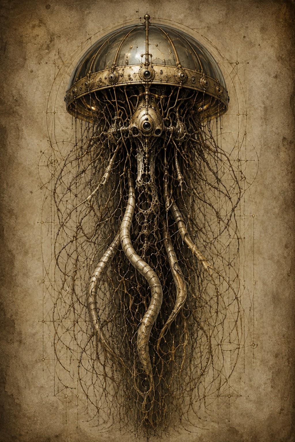 Jellyfish Biomechanical Phone Wallpaper | Dark Academia Lock Screen | Steampunk Specimen Collection | Gothic Sci-Fi Digital Download
