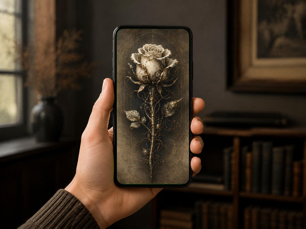 Rose Biomechanical Wallpaper | Dark Academia Lock Screen | Tarnished Brass Anatomy | Gothic Surreal Digital Download