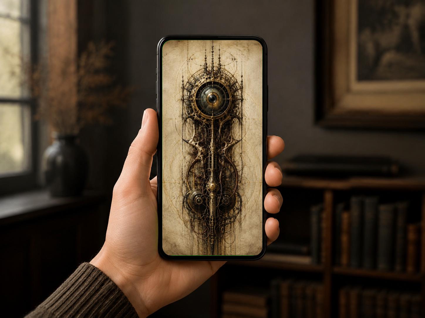 Biomechanical Eye: Dark Academia Surreal Lock Screen | Steampunk Phone Art | Gothic Digital Wallpaper