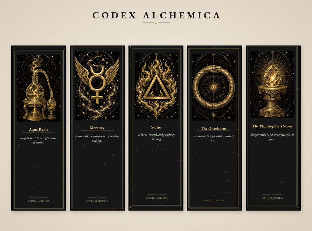 Codex Alchemica Printable Bookmarks | Dark Academia Gothic | Occult Symbols, Gold Linework | Alchemist Reader Gift