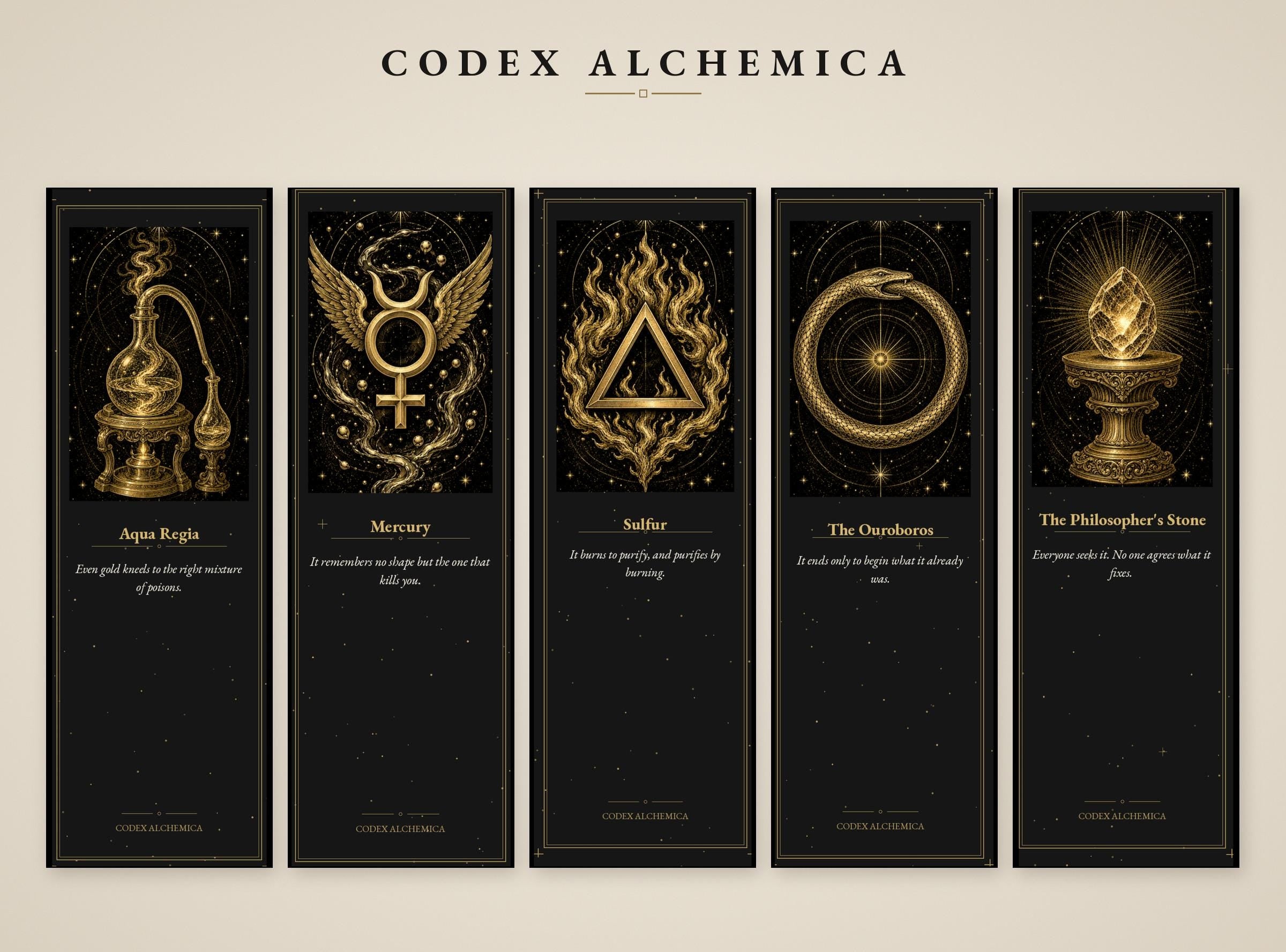 Codex Alchemica Printable Bookmarks | Dark Academia Gothic | Occult Symbols, Gold Linework | Alchemist Reader Gift