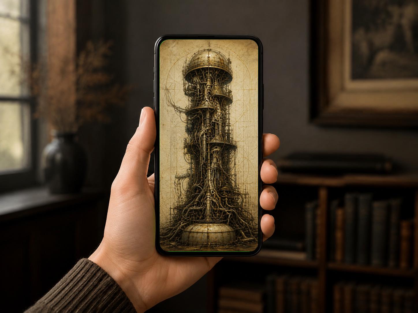 Domed Tower, Biomechanical Phone Wallpaper | Dark Academia Lock Screen | Gothic Sci-Fi Digital Art | Instant Download