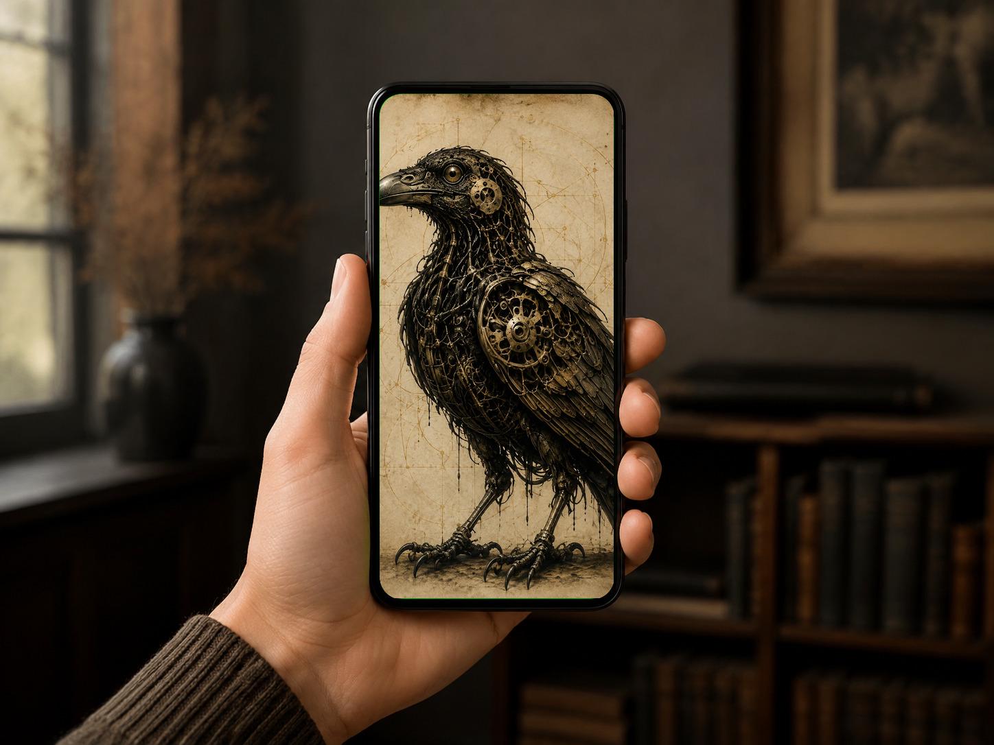 Raven, Biomechanical Specimen | Dark Academia Surreal | Lock Screen Wallpaper | Gothic Sci-Fi | Instant Download