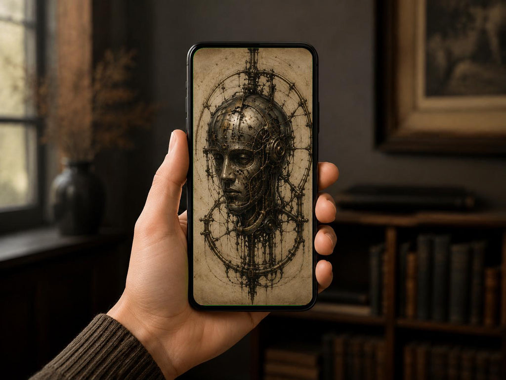 Cyborg Halo, Biomechanical Anatomy | Dark Academia Surreal | Phone Wallpaper Lock Screen | Gothic Sci-Fi Digital Download