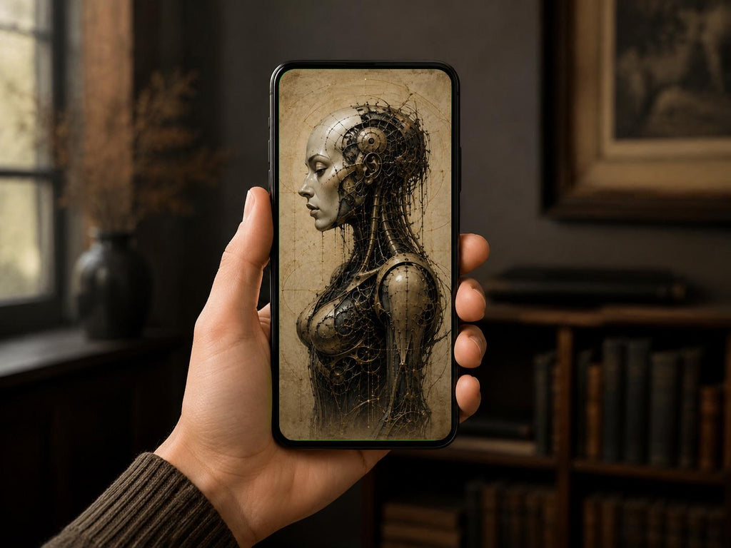 Cyborg Woman Profile VIII, Biomechanical Lock Screen | Dark Surreal Anatomy | Brass Bone Fusion | iPhone Android Wallpaper