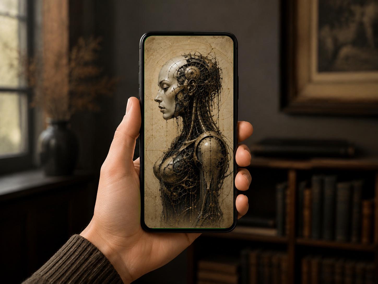 Cyborg Woman Profile VIII, Biomechanical Lock Screen | Dark Surreal Anatomy | Brass Bone Fusion | iPhone Android Wallpaper