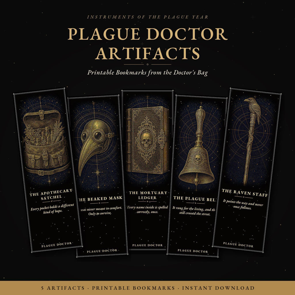 Plague Doctor Artifacts Bookmark, Beaked Mask Design | Dark Academia Page Marker | Gold on Black | Macabre Gift