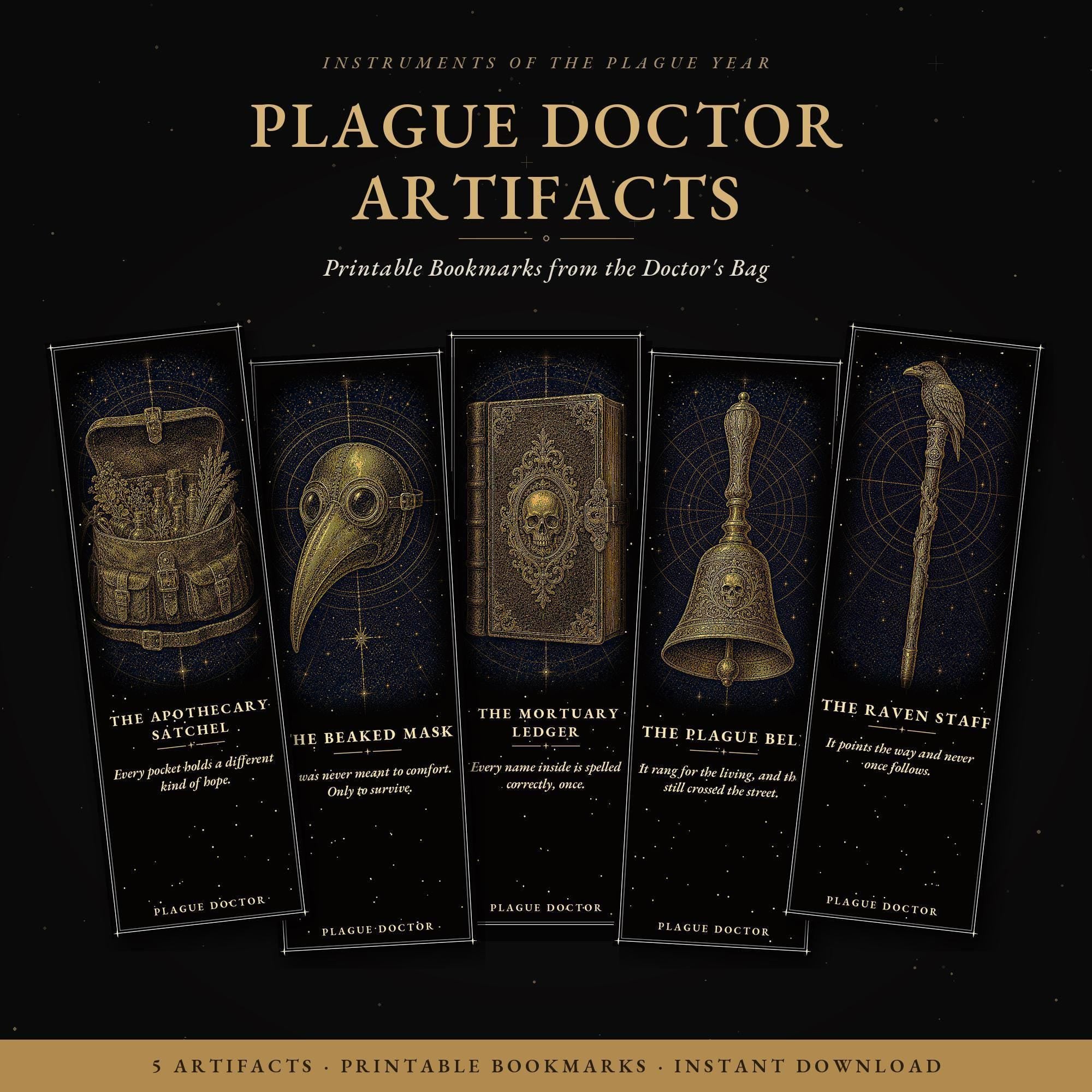 Plague Doctor Artifacts Bookmark, Beaked Mask Design | Dark Academia Page Marker | Gold on Black | Macabre Gift