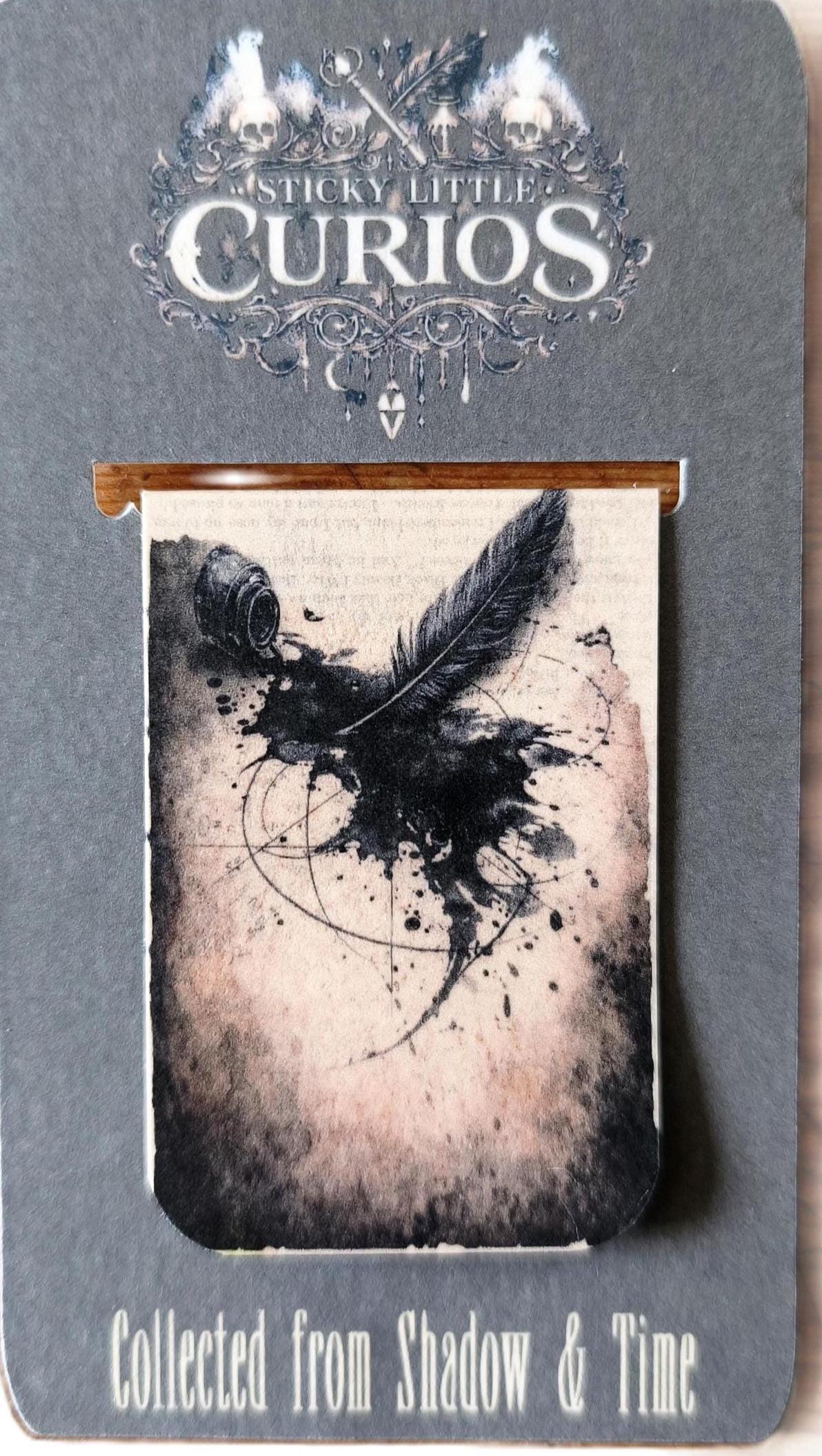 Ink Feather Magnetic Bookmark, Dark Academia Gothic | Expressive Black Ink Illustration | Double-Sided Page Marker | Literary Gift