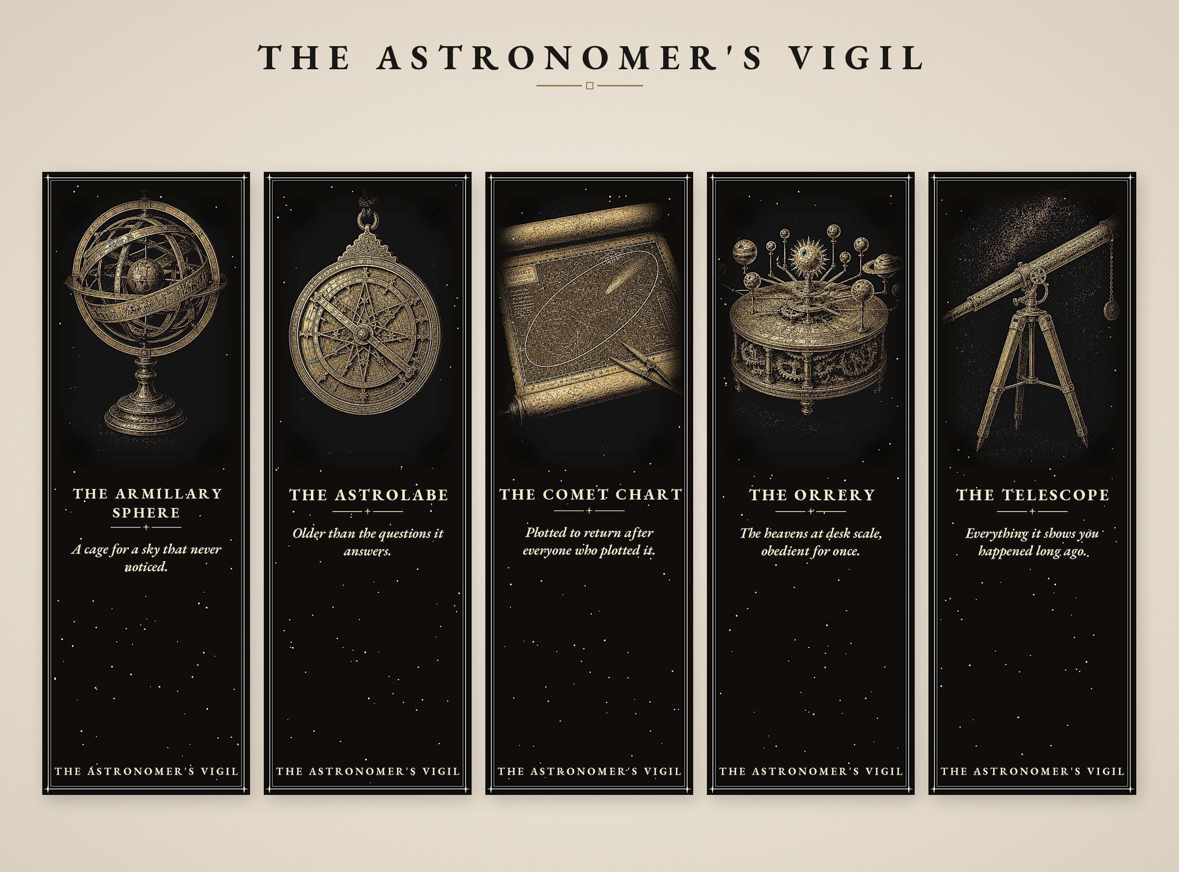 The Astronomer's Vigil Bookmark, Gold Celestial Illustration | Dark Academia | Magnetic Page Marker | Astronomy Gift