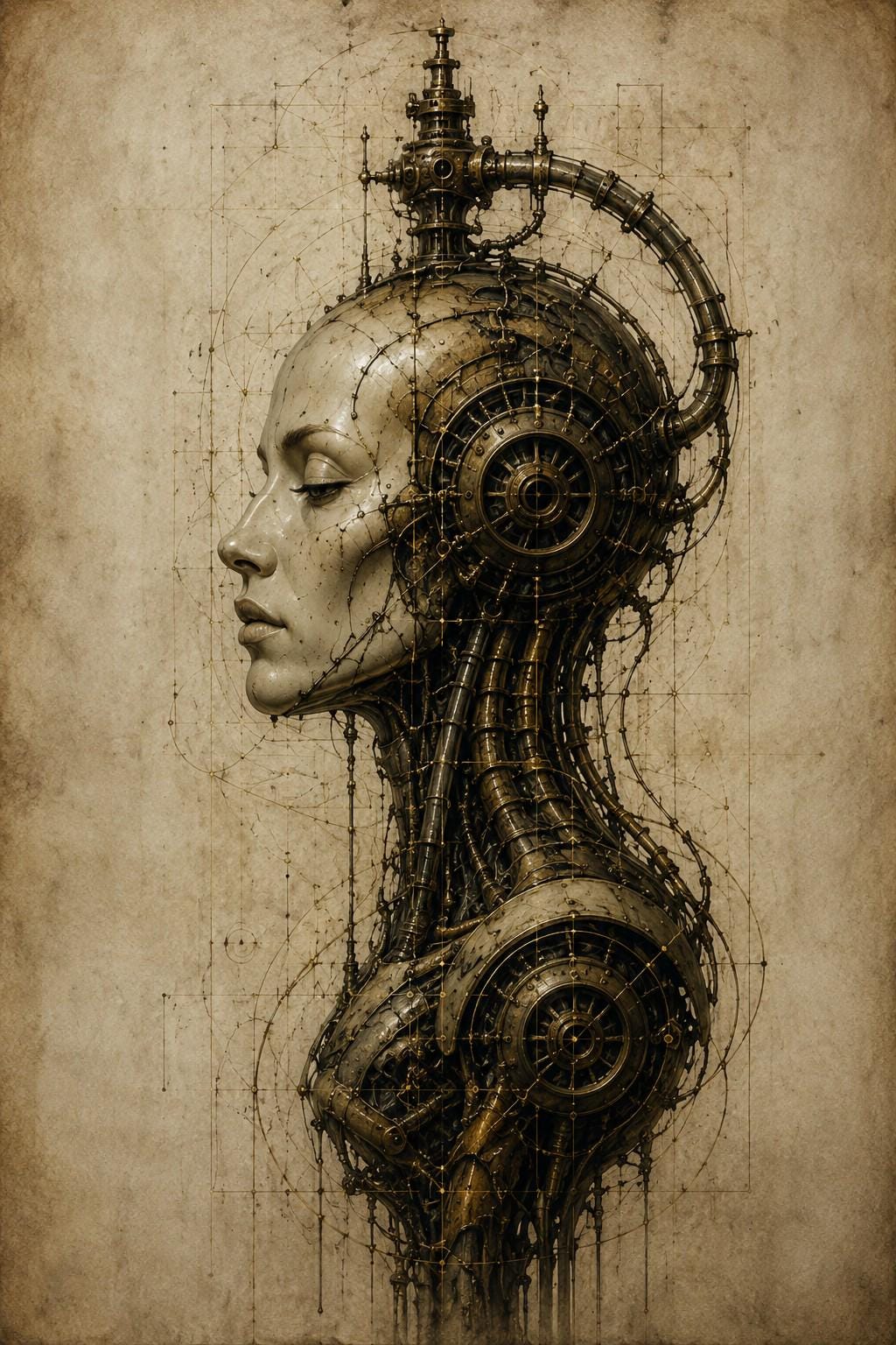 Cyborg Woman Head VII - Biomechanical Lock Screen | Dark Surreal Portrait, Steampunk Aesthetic | iPhone & Android Wallpaper