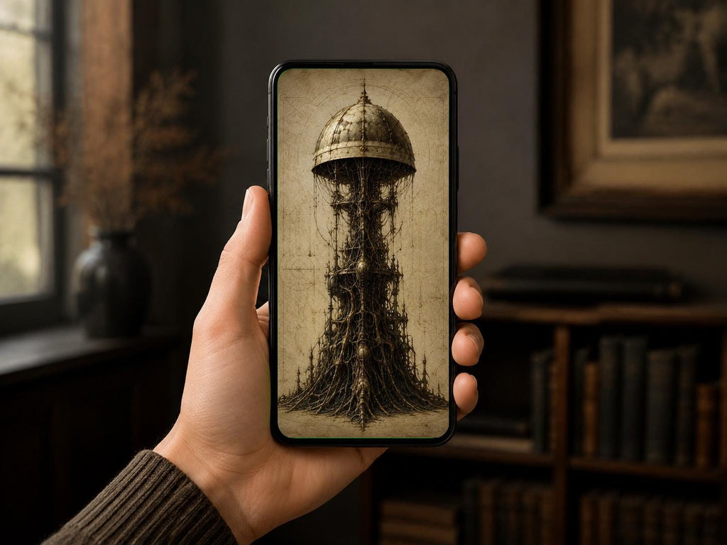 Biomechanical Domed Tower II, Dark Academia Lock Screen | Surreal Brass Anatomy Wallpaper | Gothic Sci-Fi Digital Download