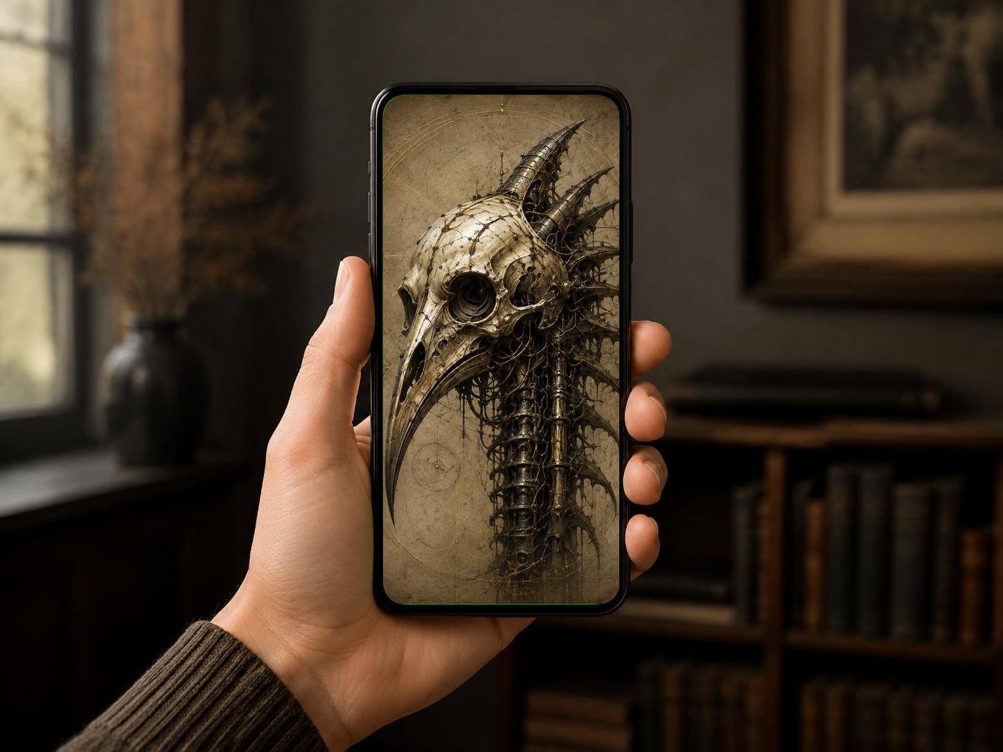 Ravens & Bird Skulls Biomechanical Phone Wallpaper | Lock Screen Art | Dark Academia | Steampunk Anatomical Design | Digital Download