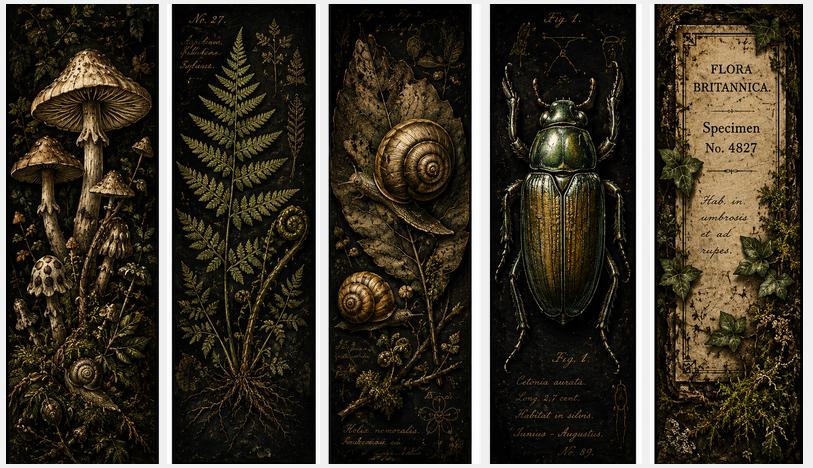 The Curious Naturalist Bookmarks, Goblincore | Dark Cottagecore Woodland Art | Moody Botanical, Book Lover Gift Set