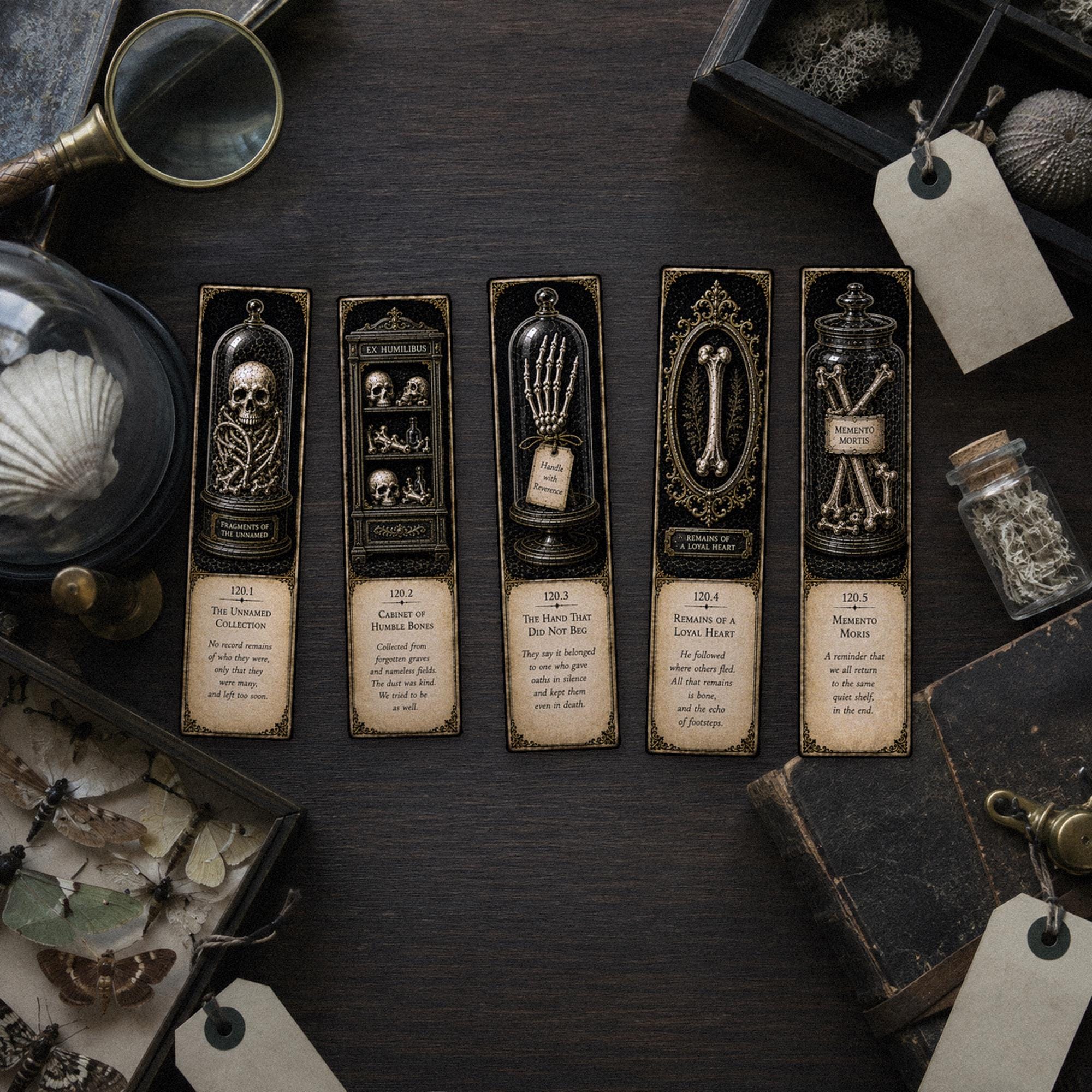 The Bone Custodian Bookmark | Dark Academia Set of 5 | Standard or Magnetic | Gothic Cabinet of Curiosities