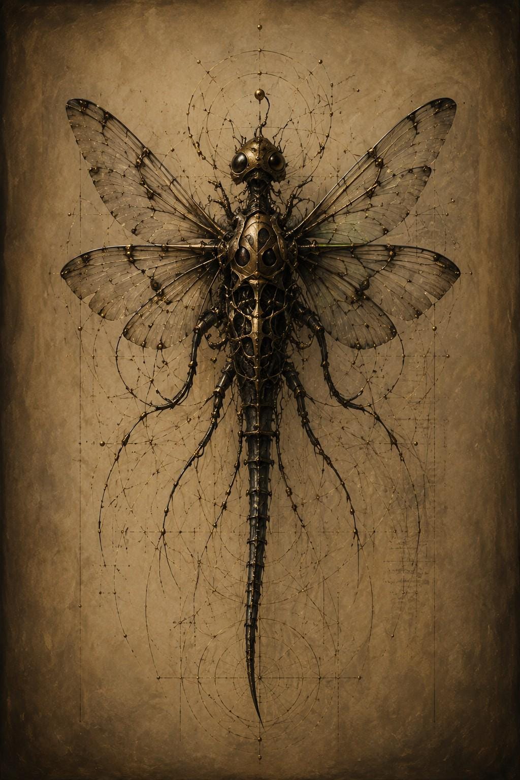 Dragonfly II, Biomechanical Phone Wallpaper | Dark Academia Lock Screen | Living Anatomy Art | Warm Gold Surreal Digital Download
