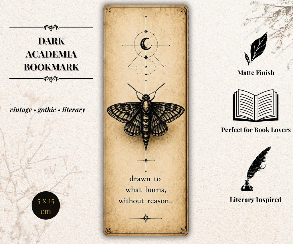 Dark Academia Bookmark, Gothic Raven Design | Vintage Literary Stationery | Ornate Key, Moth - Book Lover Gift