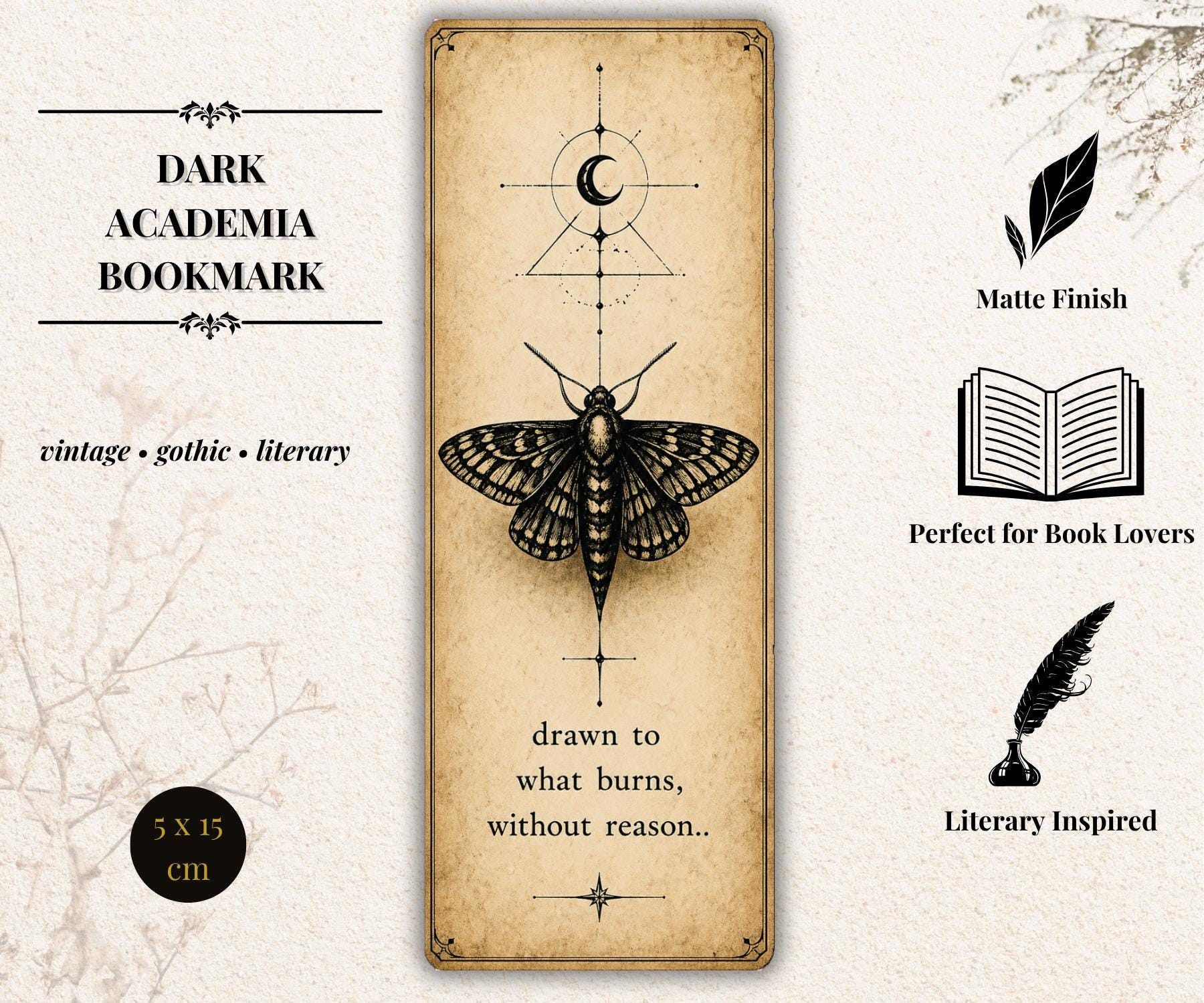 Dark Academia Bookmark, Gothic Raven Design | Vintage Literary Stationery | Ornate Key, Moth - Book Lover Gift