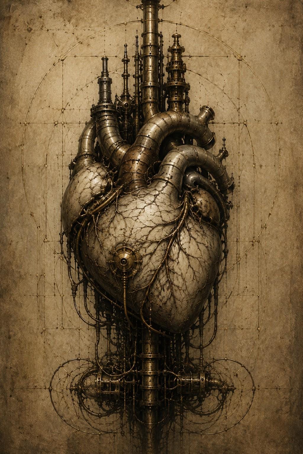 Heart and Towers, Biomechanical Dark Academia Wallpaper | Surreal Anatomy Lock Screen | Gothic Sci-Fi | Instant Download