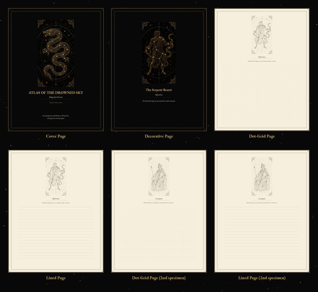 Atlas of the Drowned Sky Printable Journal Pages | Dark Academia Constellation Inserts | Gold Lined Dot Grid | Digital Download