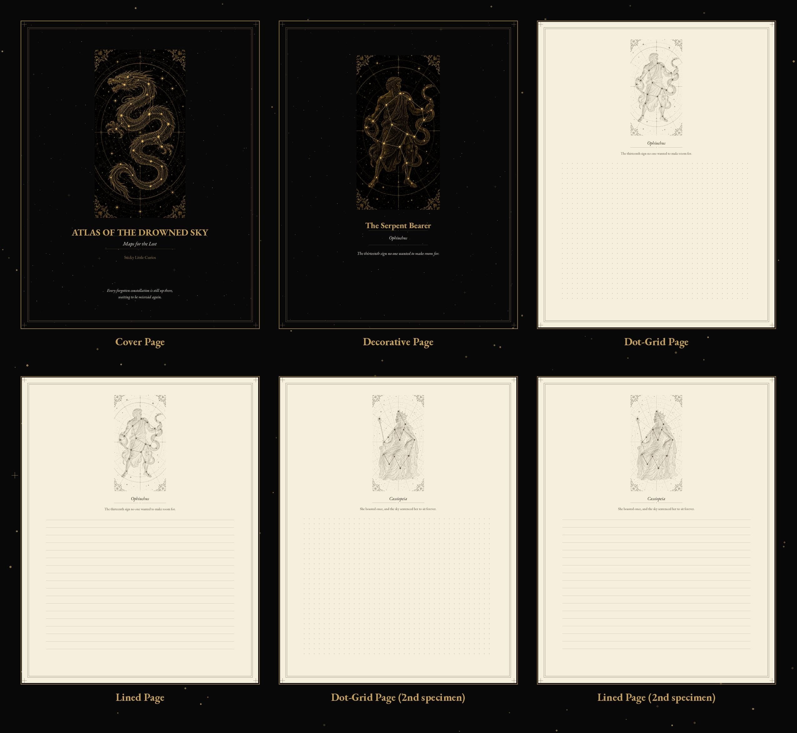 Atlas of the Drowned Sky Printable Journal Pages | Dark Academia Constellation Inserts | Gold Lined Dot Grid | Digital Download
