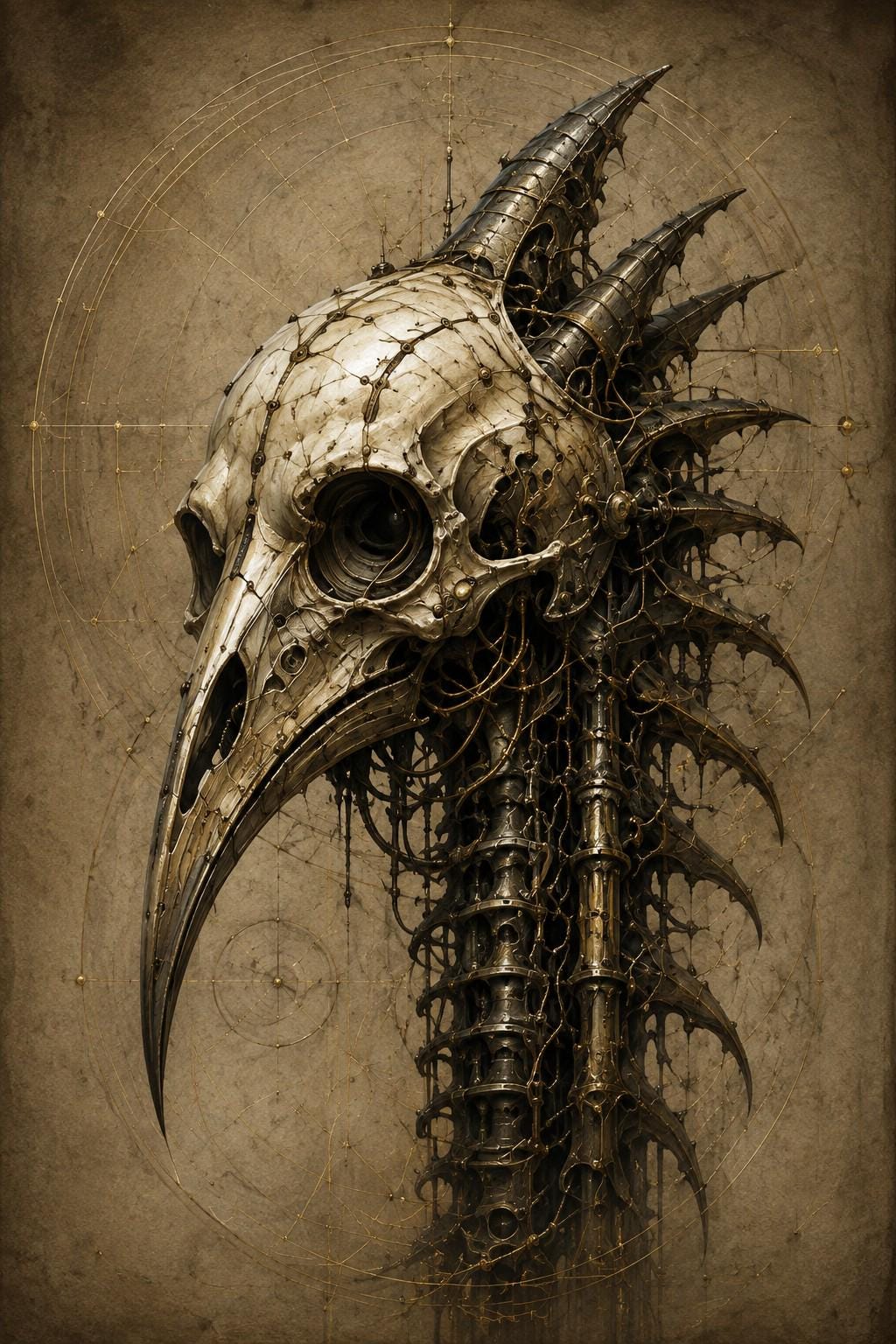 Biomechanical Bird Skull III: Dark Academia Lock Screen | Brass Bone Machinery Wallpaper, Surreal Gothic Sci-Fi Digital Download