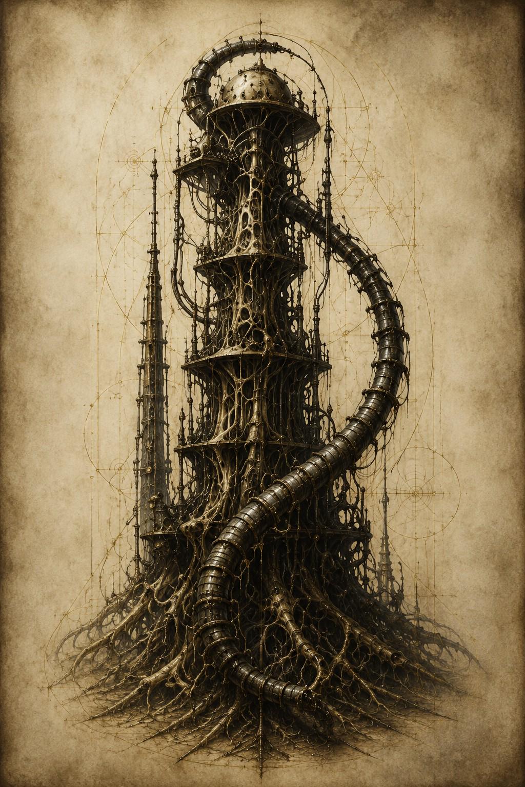 Towers & Spires Biomechanical Phone Wallpaper | Dark Academia Lock Screen | Gothic Sci-Fi Digital Art | Instant Download