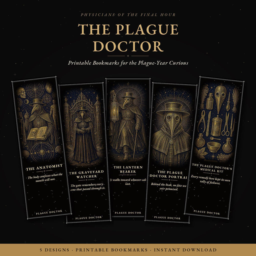 Plague Doctor Gothic Bookmark | Gold Linework, Standard or Magnetic | Dark Academia Page Marker, Memento Mori Design