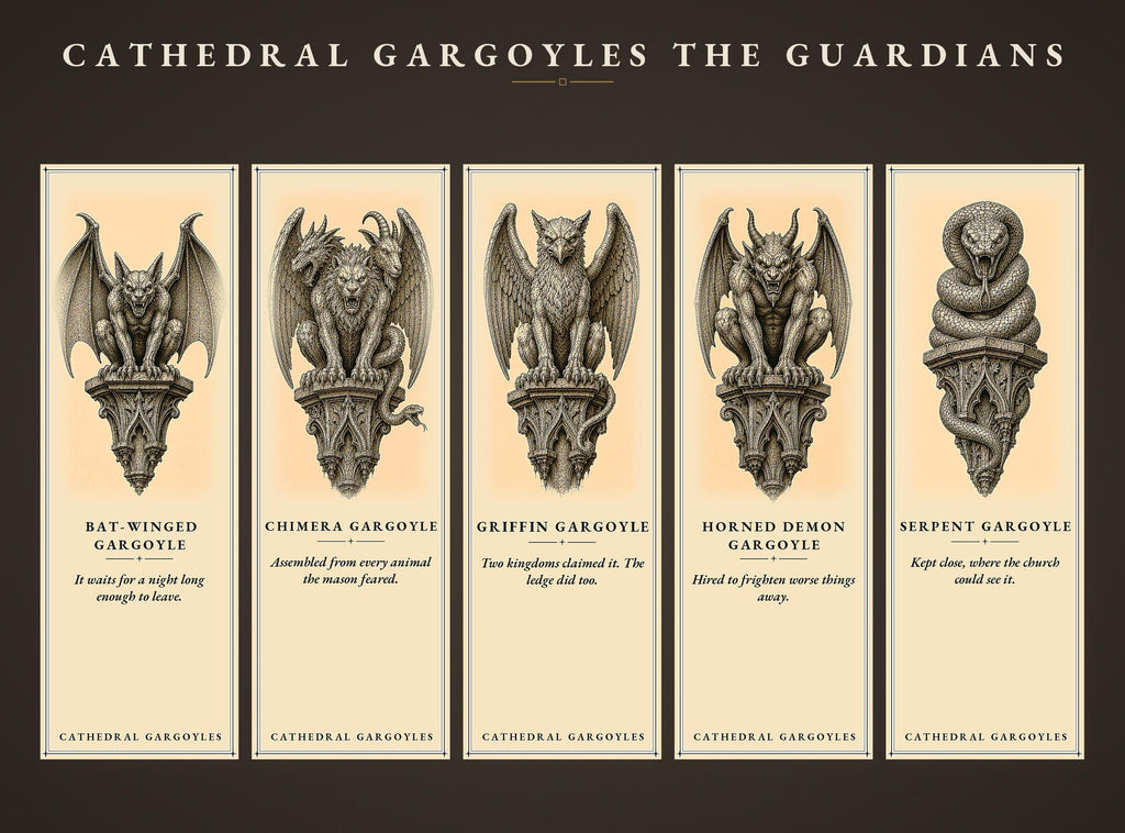 Cathedral Gargoyles – The Guardians, Printable Bookmarks | Dark Academia Gothic | Occult Stationery | Book Lover Gift