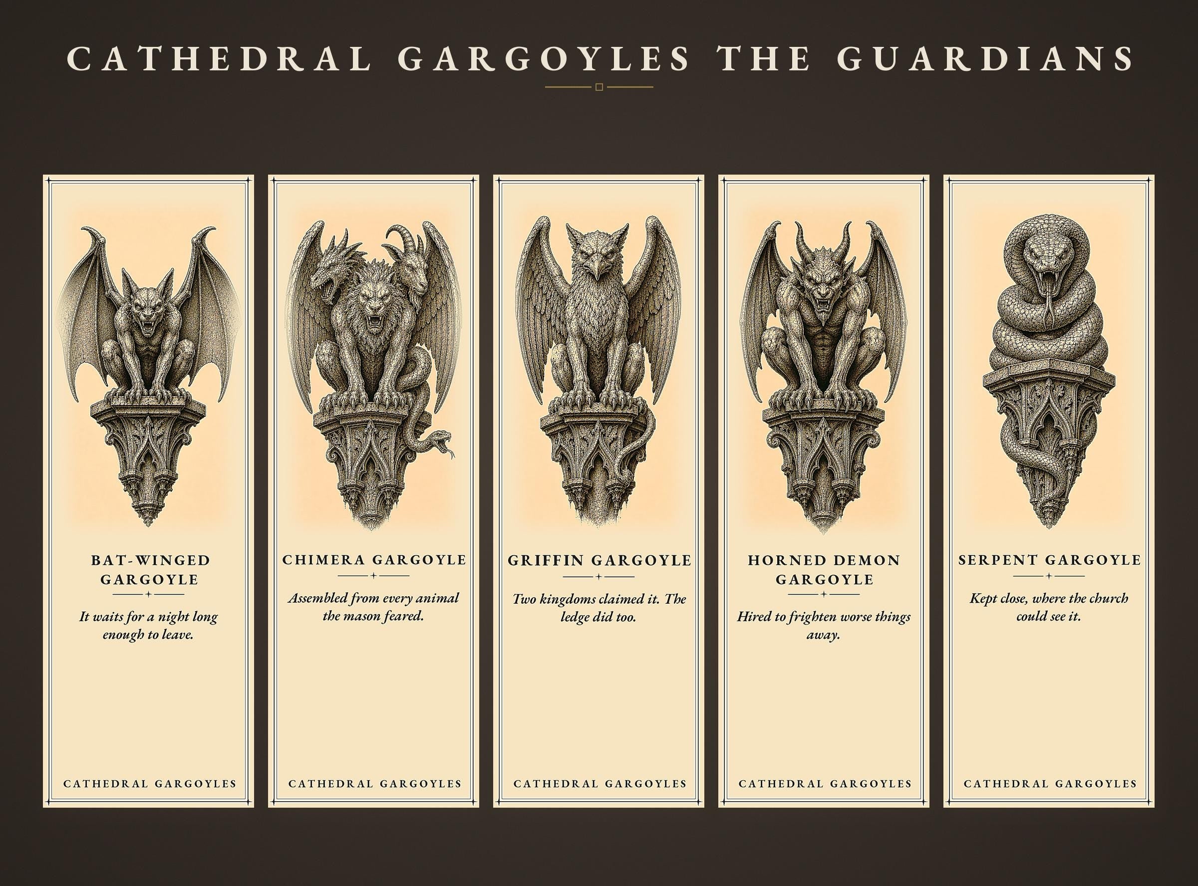 Cathedral Gargoyles – The Guardians, Printable Bookmarks | Dark Academia Gothic | Occult Stationery | Book Lover Gift
