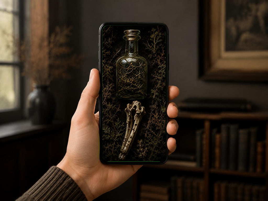 The Bone Garden Phone Wallpaper, Dark Goblincore Lock Screen | Moss And Bones Digital Art | iPhone And Android Set