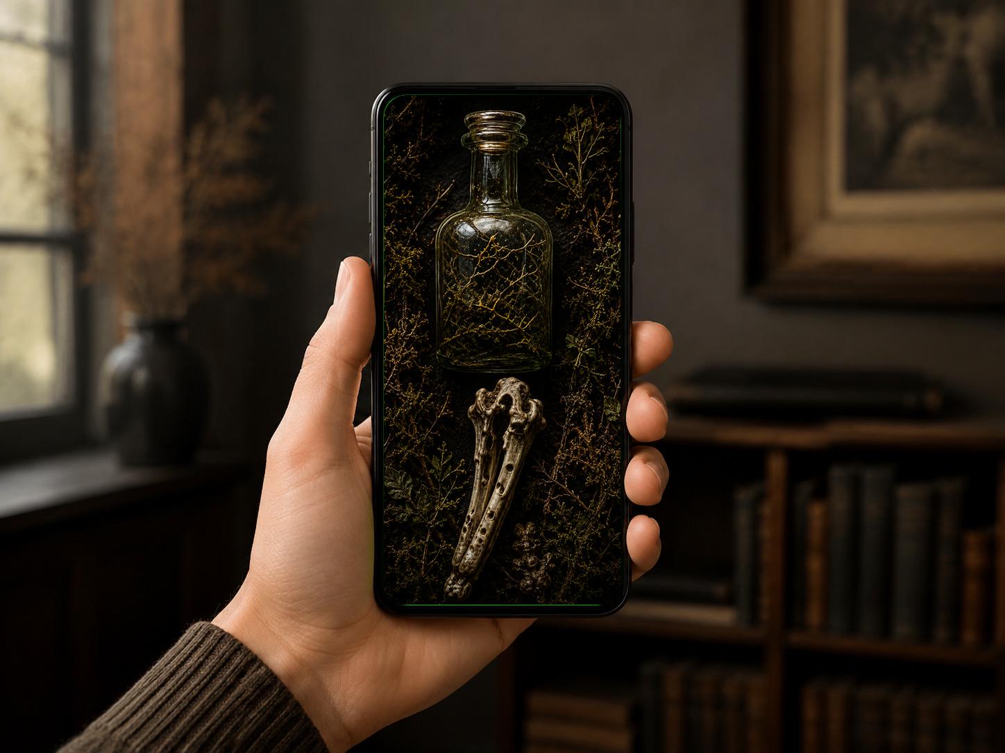 The Bone Garden Phone Wallpaper, Dark Goblincore Lock Screen | Moss And Bones Digital Art | iPhone And Android Set