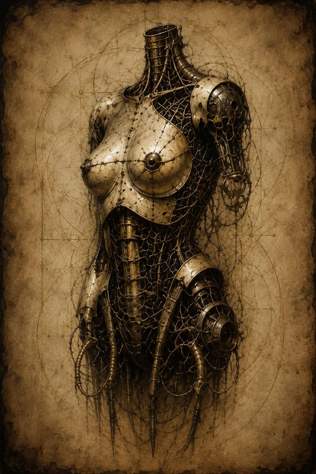 Cyborg Bust, Biomechanical Surreal | Dark Academia Lock Screen | Gothic Sci-Fi Wallpaper | Brass Machinery Digital Art